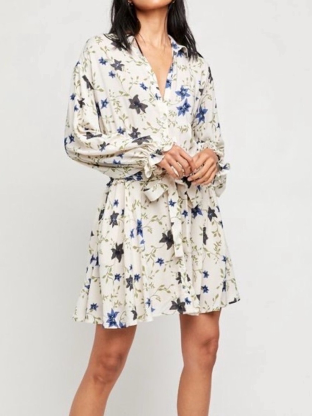 Free People Lighten Up Ivory Floral Tie-Waist Mini Dress. Tea Combo